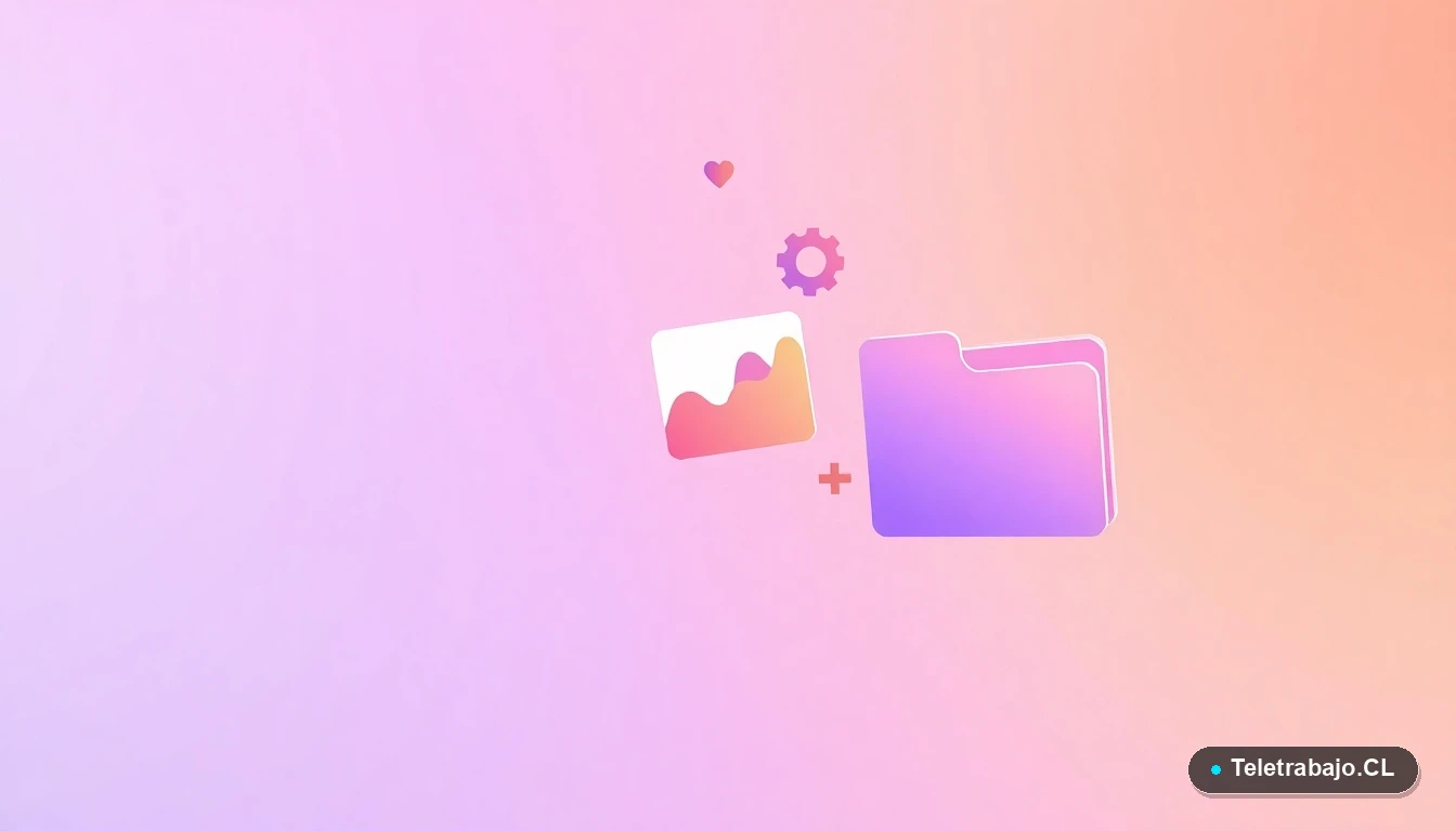 Elementos abstractos de interfaz de usuario, gráficos y carpetas flotantes en estilo ilustración plana, representando tecnología y colaboración.