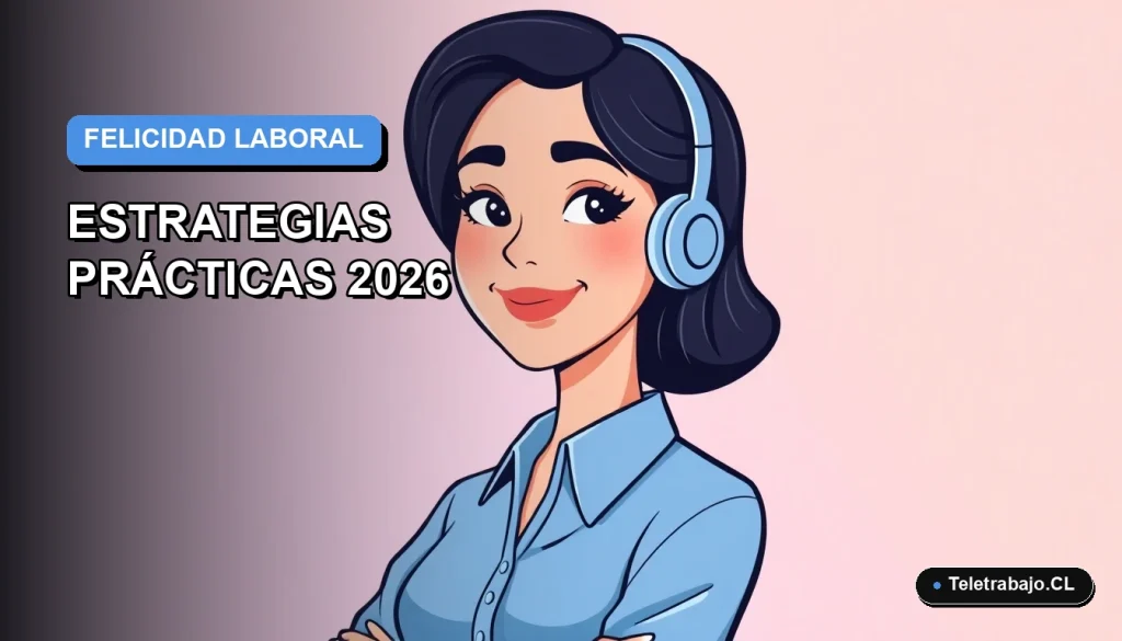 Ilustración vectorial plana de una mujer profesional chilena sonriente, con blusa azul y corte de pelo moderno, sobre un fondo degradado suave azul y lila. Representa la felicidad en el trabajo remoto.