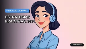 Ilustración vectorial plana de una mujer profesional chilena sonriente, con blusa azul y corte de pelo moderno, sobre un fondo degradado suave azul y lila. Representa la felicidad en el trabajo remoto.