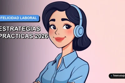 Ilustración vectorial plana de una mujer profesional chilena sonriente, con blusa azul y corte de pelo moderno, sobre un fondo degradado suave azul y lila. Representa la felicidad en el trabajo remoto.