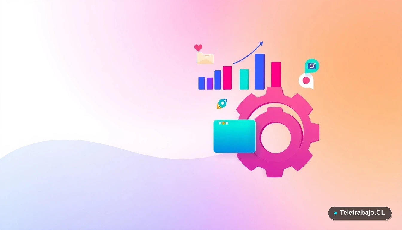 Composición abstracta de interfaz de usuario tecnológica con gráficos y engranajes flotantes en estilo vectorial plano, sobre un fondo degradado suave de durazno y menta.