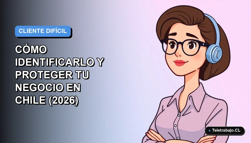 Ilustración vectorial plana de una mujer profesional de teletrabajo con expresión de análisis, sobre fondo degradado azul y lila, concepto de cliente difícil para negocios en Chile.