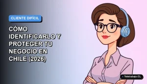 Ilustración vectorial plana de una mujer profesional de teletrabajo con expresión de análisis, sobre fondo degradado azul y lila, concepto de cliente difícil para negocios en Chile.