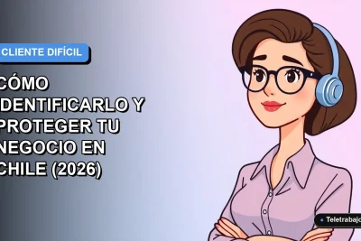 Ilustración vectorial plana de una mujer profesional de teletrabajo con expresión de análisis, sobre fondo degradado azul y lila, concepto de cliente difícil para negocios en Chile.