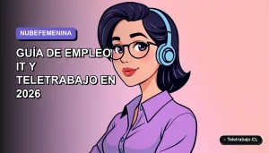 Ilustración plana corporativa de una mujer chilena trabajando en tecnología remota, con fondo degradado lavanda.