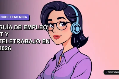 Ilustración plana corporativa de una mujer chilena trabajando en tecnología remota, con fondo degradado lavanda.