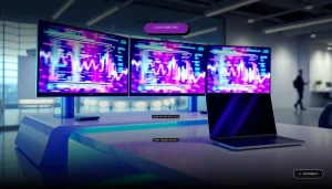 Guía de Cloud Computing para mujeres en tecnología, mostrando un espacio de trabajo moderno y abstracto con gráficos de datos en pantallas.