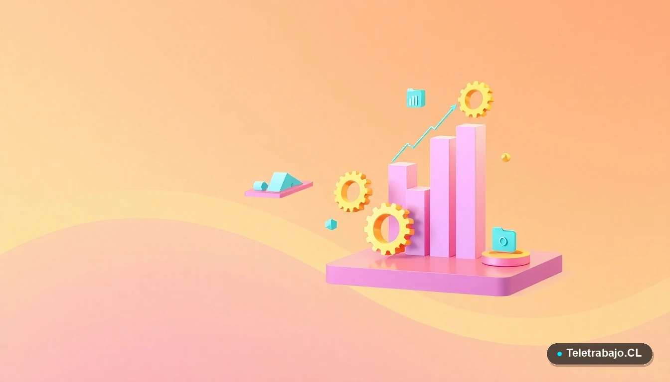 Composición abstracta de interfaz de usuario tecnológica con gráficos flotantes, engranajes y carpetas estilizadas, sobre un fondo degradado de melocotón y amarillo suave.