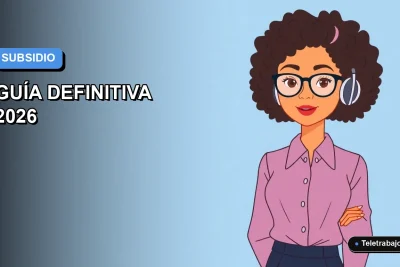 Ilustración plana vectorial de una mujer profesional trabajando desde casa, con fondo degradado azul y espacio negativo, sobre cobrar el subsidio de desempleo durante una excedencia.