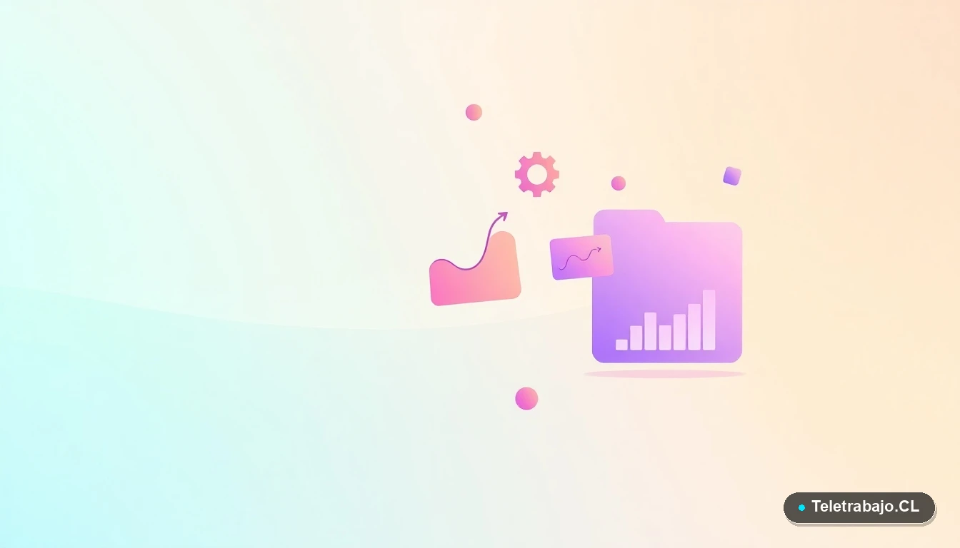 Ilustración abstracta de interfaz de usuario con gráficos flotantes y iconos de carpeta y engranaje, sobre fondo degradado, concepto de trámites digitales y gestión.