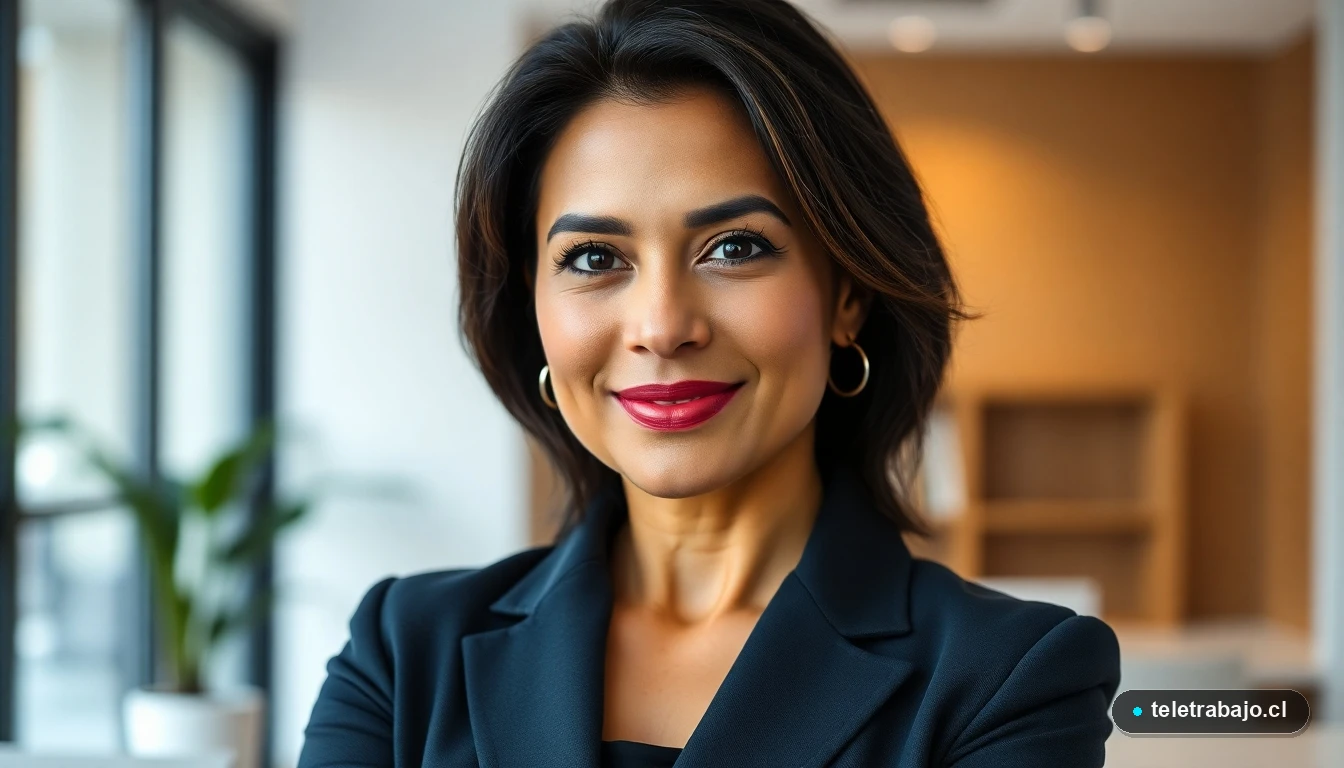 Retrato profesional de una mujer hispana en su oficina, ilustrando la asesoría experta sobre derechos laborales y subsidio de desempleo.