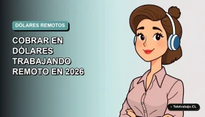 Ilustración plana de mujer profesional latina trabajando remoto con fondo degradado azul verdoso, concepto de cobro en dólares.