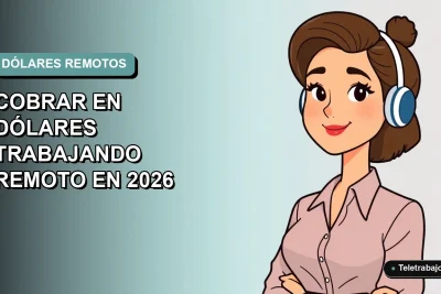 Ilustración plana de mujer profesional latina trabajando remoto con fondo degradado azul verdoso, concepto de cobro en dólares.