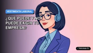 Ilustración vectorial plana de una mujer profesional chilena con blusa azul, representando el código de vestimenta laboral en oficina moderna con fondo degradado.
