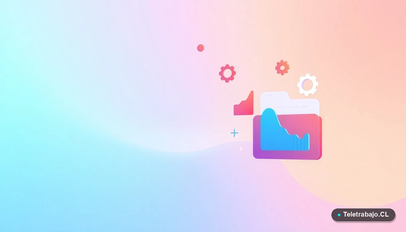 Elementos de interfaz de usuario abstractos y coloridos, como gráficos y engranajes flotantes, representando conceptos laborales y regulatorios en un estilo vectorial moderno.