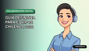 Ilustración vectorial plana de una mujer profesional chilena con blusa azul y pelo corto, sonriendo, sobre un fondo degradado suave verde y azul. Representa el trabajo remoto y la colaboración en línea con Excel y Google Sheets.