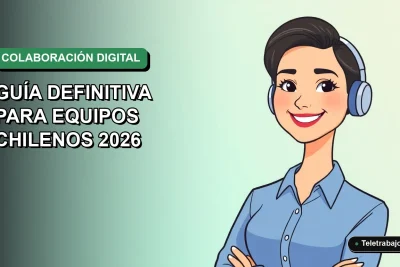 Ilustración vectorial plana de una mujer profesional chilena con blusa azul y pelo corto, sonriendo, sobre un fondo degradado suave verde y azul. Representa el trabajo remoto y la colaboración en línea con Excel y Google Sheets.