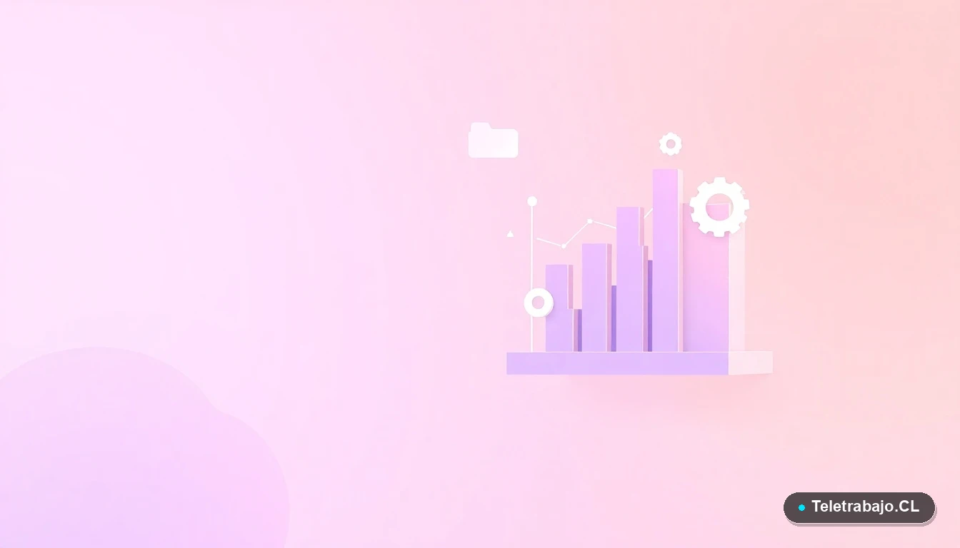 Composición abstracta de interfaz de usuario con gráficos flotantes, un engranaje y carpetas minimalistas en tonos lavanda y durazno, sobre fondo degradado. Representa conceptos de productividad, datos y colaboración tecnológica para equipos.