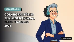 Ilustración vectorial plana de dos trabajadores remotos de diferentes generaciones colaborando en un entorno digital moderno, con fondo degradado suave.