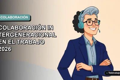 Ilustración vectorial plana de dos trabajadores remotos de diferentes generaciones colaborando en un entorno digital moderno, con fondo degradado suave.