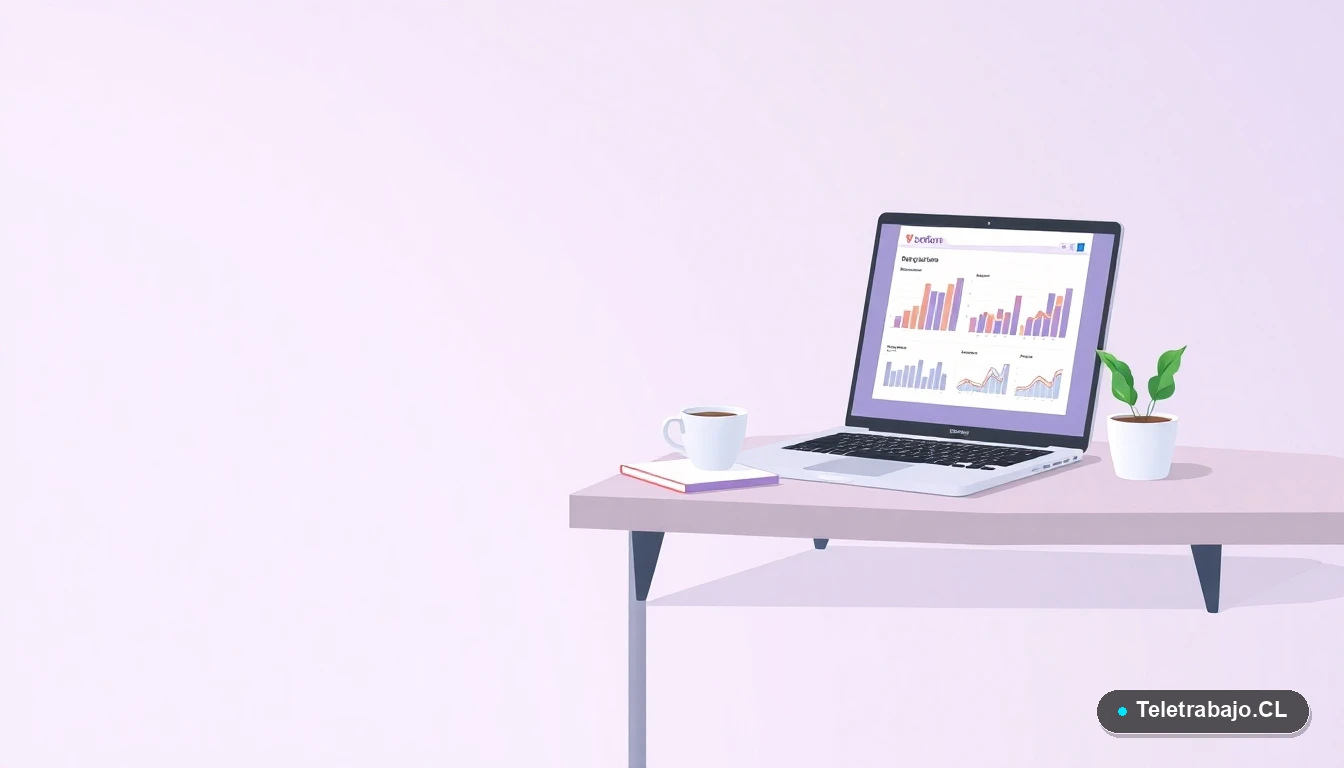 Escritorio moderno vacío con laptop, gráficos abstractos, taza de café y planta, representando un espacio de trabajo digital listo para la colaboración.