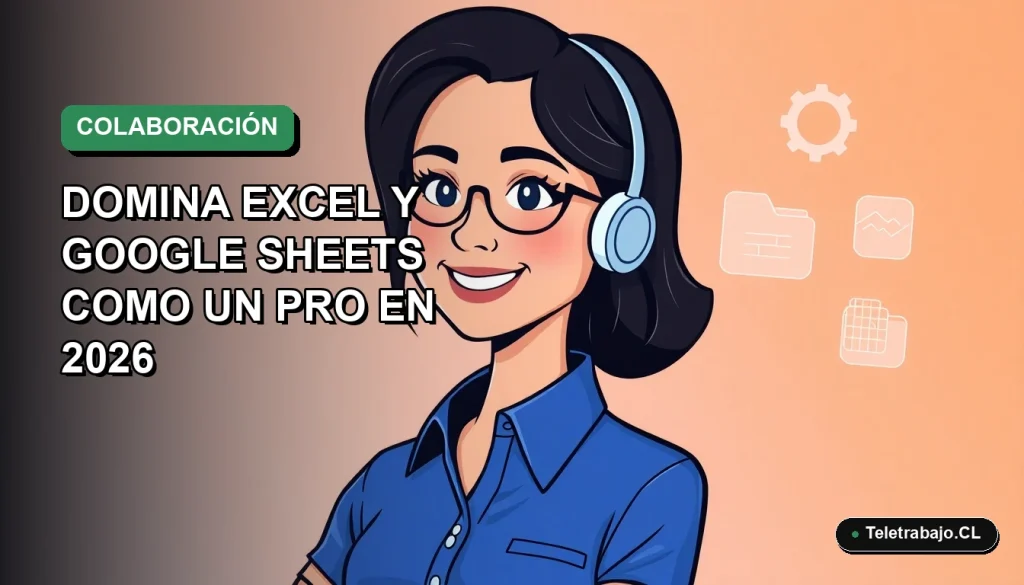 Ilustración plana corporativa de una trabajadora remota chilena sonriente, con blusa azul, mirando gráficos en pantalla flotantes. Fondo gradiente suave azul verdoso.