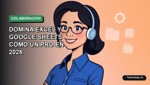 Ilustración plana corporativa de una trabajadora remota chilena sonriente, con blusa azul, mirando gráficos en pantalla flotantes. Fondo gradiente suave azul verdoso.