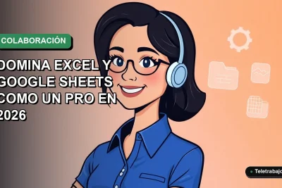 Ilustración plana corporativa de una trabajadora remota chilena sonriente, con blusa azul, mirando gráficos en pantalla flotantes. Fondo gradiente suave azul verdoso.