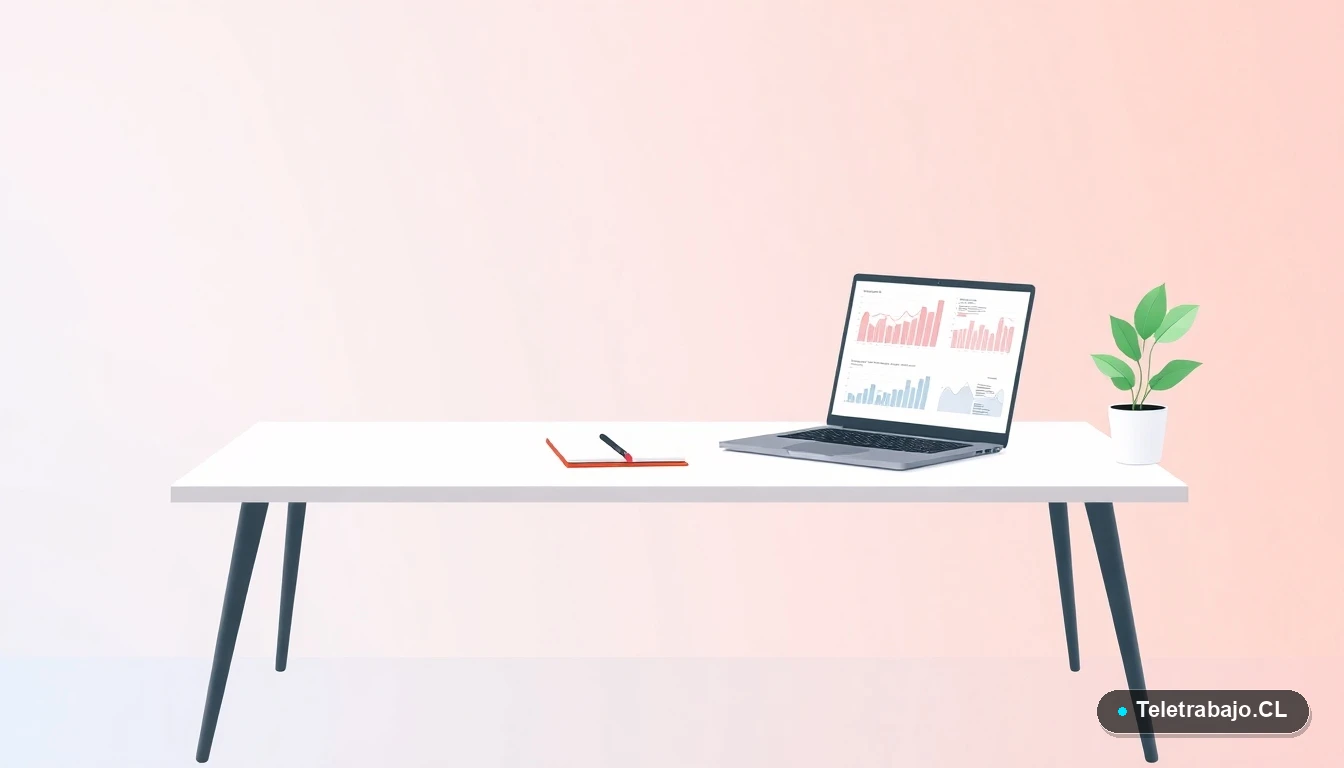 Escritorio moderno minimalista para trabajo remoto con laptop, taza de café y planta, sobre fondo gradiente lavanda.