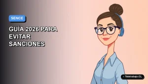 Ilustración vectorial plana de una trabajadora remota chilena con blusa azul y pelo recogido, sobre un fondo degradado liso azul y blanco, representando la correcta colocación de fondos SENCE para evitar sanciones.