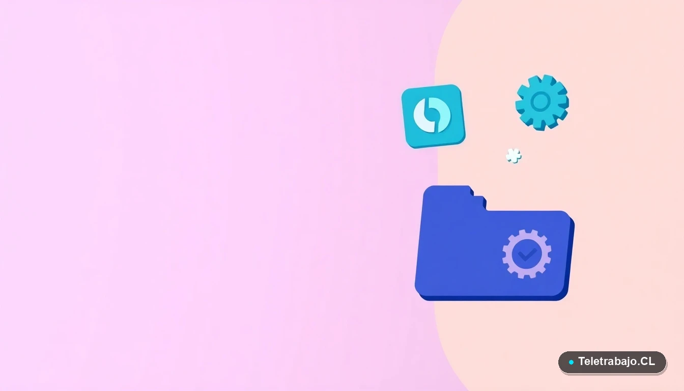 Elementos de interfaz de usuario abstractos y minimalistas, como un gráfico circular y una carpeta, sobre un fondo degradado lavanda y durazno, simbolizando la gestión administrativa digital de los fondos de capacitación SENCE.