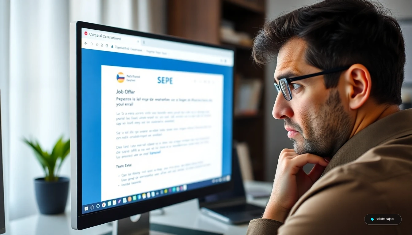 Persona revisando una oferta de empleo del SEPE con expresión de preocupación en su escritorio