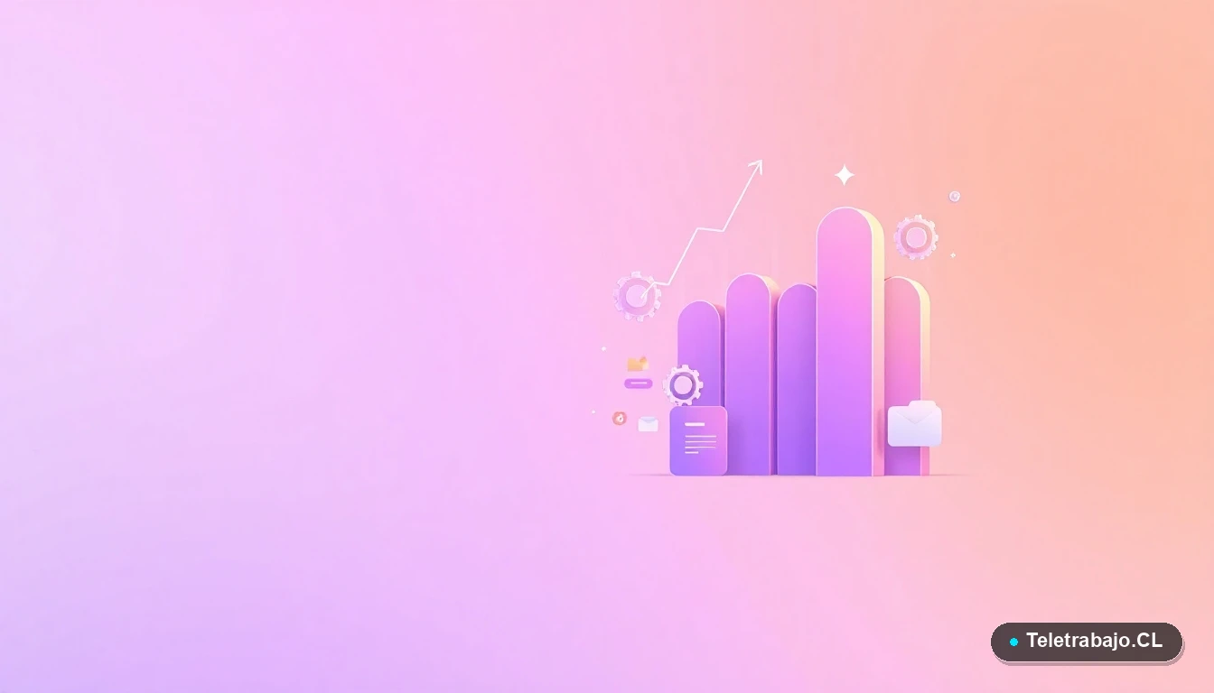 Ilustración abstracta de interfaz de usuario tecnológica con gráficos flotantes, engranajes y carpetas en colores lavanda y durazno, sobre fondo degradado lila.