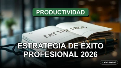 Fotografía macro de una agenda de cuero verde abierta sobre una mesa de cristal, con la frase "EAT THE FROG" escrita en letras plateadas. Un fondo de oficina moderna se ve desenfocado.