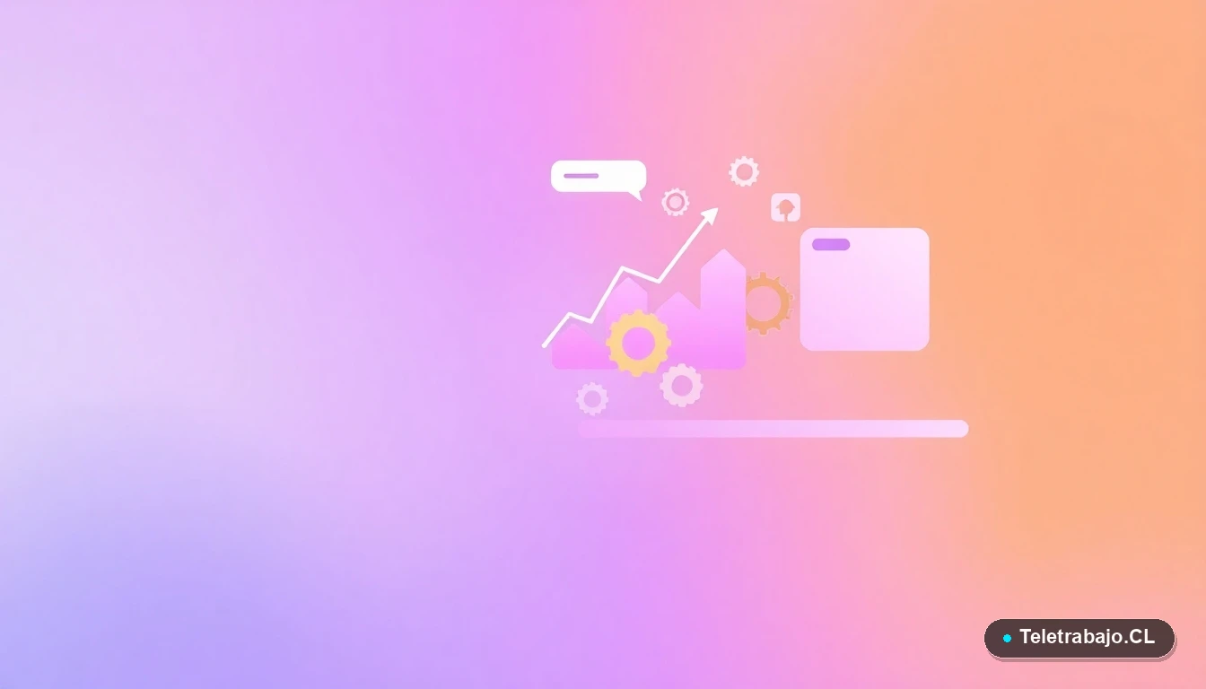 Composición abstracta de interfaz de usuario con gráficos flotantes, engranajes y carpetas en tonos lavanda y durazno, sobre fondo degradado. Representación visual de productividad y sistemas.