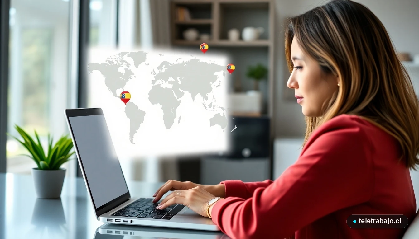 Profesional chilena trabajando remotamente para acceder a empleos en España 2026 desde su casa