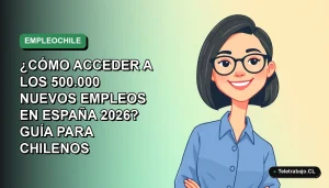 Ilustración vectorial plana de una mujer chilena profesional con blusa azul y lentes, sonriendo, sobre fondo degradado verde. Representa oportunidades laborales en España para chilenos.