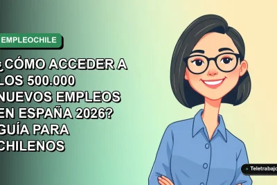 Ilustración vectorial plana de una mujer chilena profesional con blusa azul y lentes, sonriendo, sobre fondo degradado verde. Representa oportunidades laborales en España para chilenos.