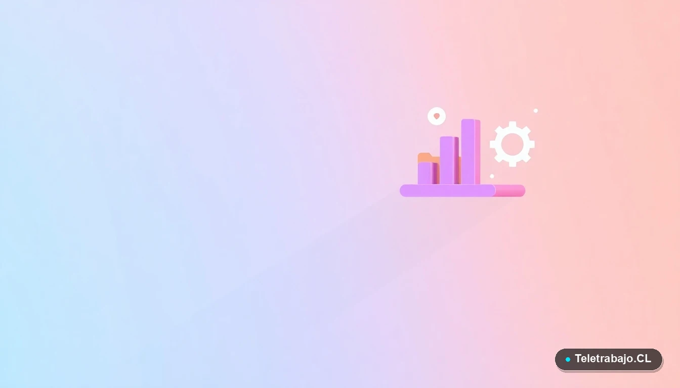 Interfaz de usuario abstracta con gráficos y iconos flotantes en tonos lavanda y durazno, sobre fondo degradado. Concepto de tecnología y oportunidades laborales.