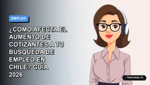 Ilustración vectorial plana de una mujer profesional chilena con blusa azul y lentes, sobre un fondo degradado azul y blanco, representando el mercado laboral.