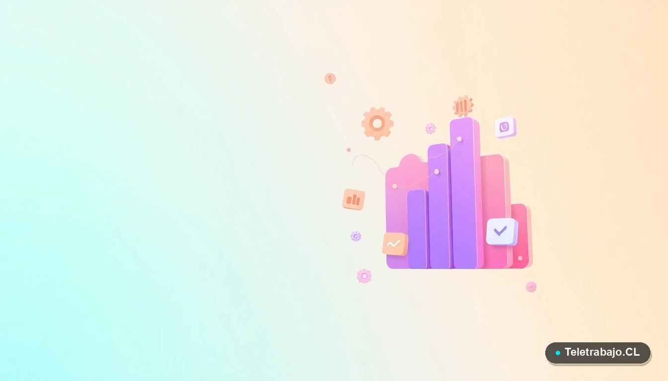 Composición abstracta de interfaz de usuario con gráficos flotantes y engranajes estilizados sobre fondo degradado verde menta, representando datos y tendencias del mercado laboral chileno.