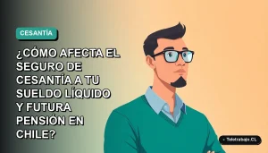 Ilustración vectorial plana de un trabajador chileno moderno, con fondo degradado azul verdoso, explicando el impacto del seguro de cesantía en el sueldo líquido y la pensión.