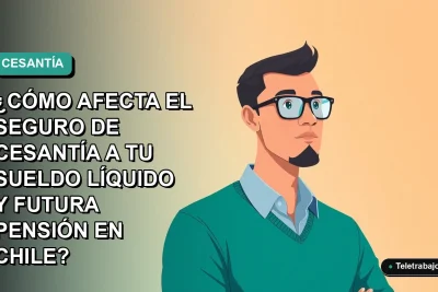 Ilustración vectorial plana de un trabajador chileno moderno, con fondo degradado azul verdoso, explicando el impacto del seguro de cesantía en el sueldo líquido y la pensión.