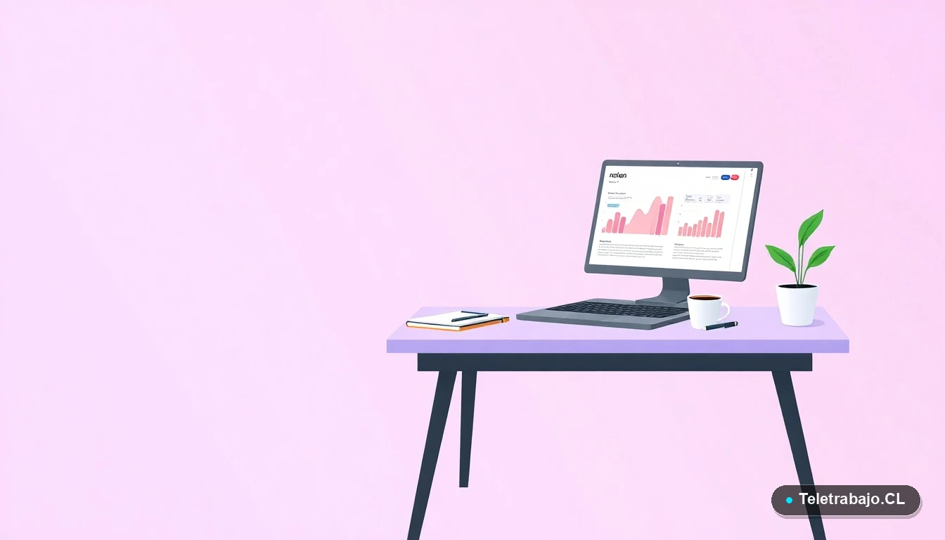 Escritorio moderno vacío con laptop, gráficos abstractos, taza de café y planta, sobre fondo degradado lila, concepto de teletrabajo y análisis de datos.