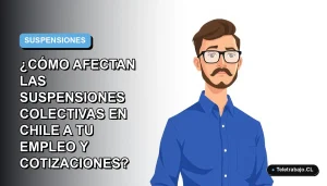 Ilustración vectorial plana de un trabajador masculino de oficina con camisa azul, sobre un fondo degradado azul y blanco, representando el impacto de las suspensiones colectivas en Chile.