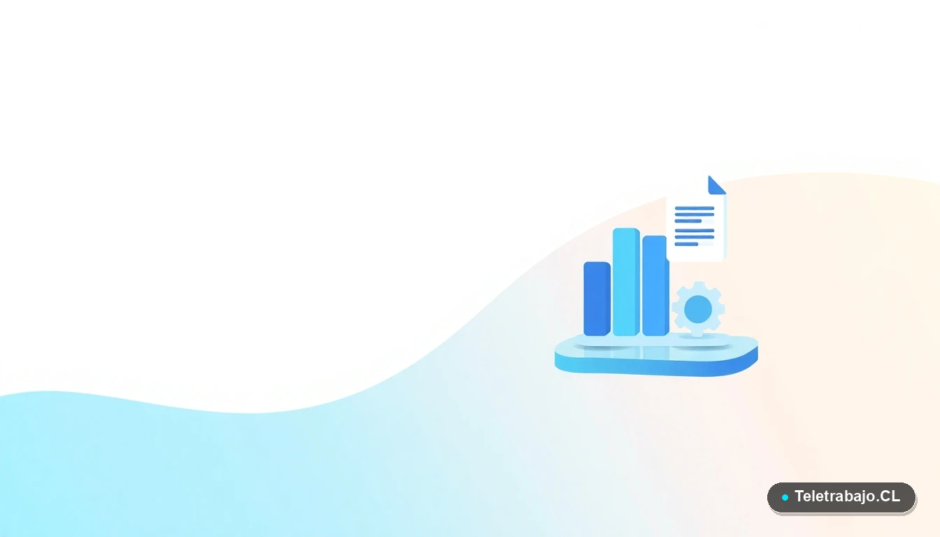 Elementos de interfaz de usuario abstractos y minimalistas, gráficos y documentos flotantes, sobre un fondo degradado de menta y blanco, simbolizando análisis y procesos laborales.