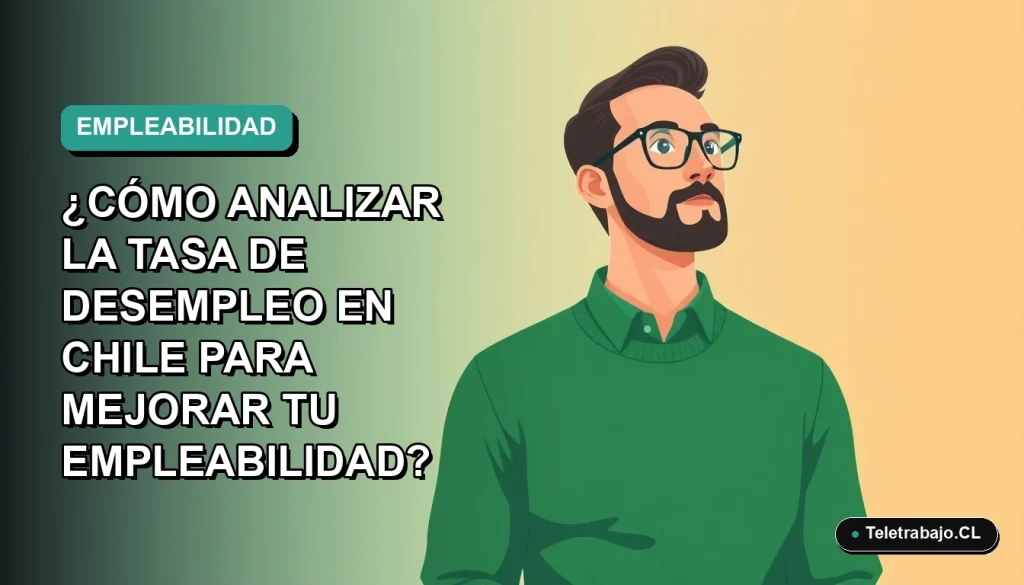 Ilustración plana vectorial de un trabajador masculino analizando datos de empleo en Chile, con fondo degradado azul verdoso.