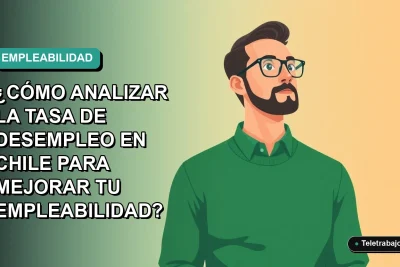 Ilustración plana vectorial de un trabajador masculino analizando datos de empleo en Chile, con fondo degradado azul verdoso.