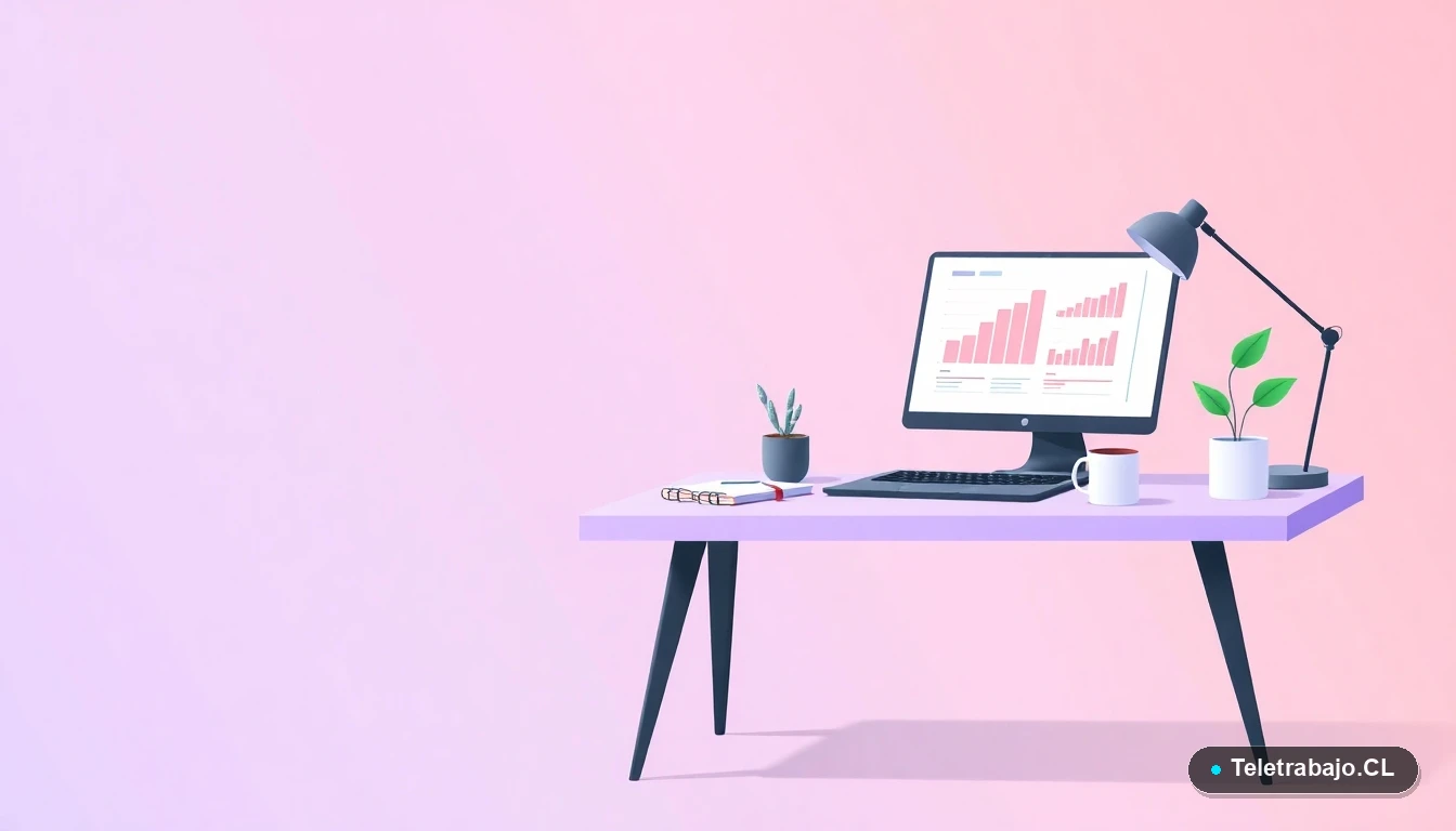 Escritorio moderno minimalista con laptop mostrando gráficos, planta y taza de café, ilustración plana con fondo degradado lila y durazno.