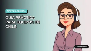 Ilustración plana corporativa de una mujer profesional chilena con expresión de apoyo, sobre fondo degradado azul verdoso.